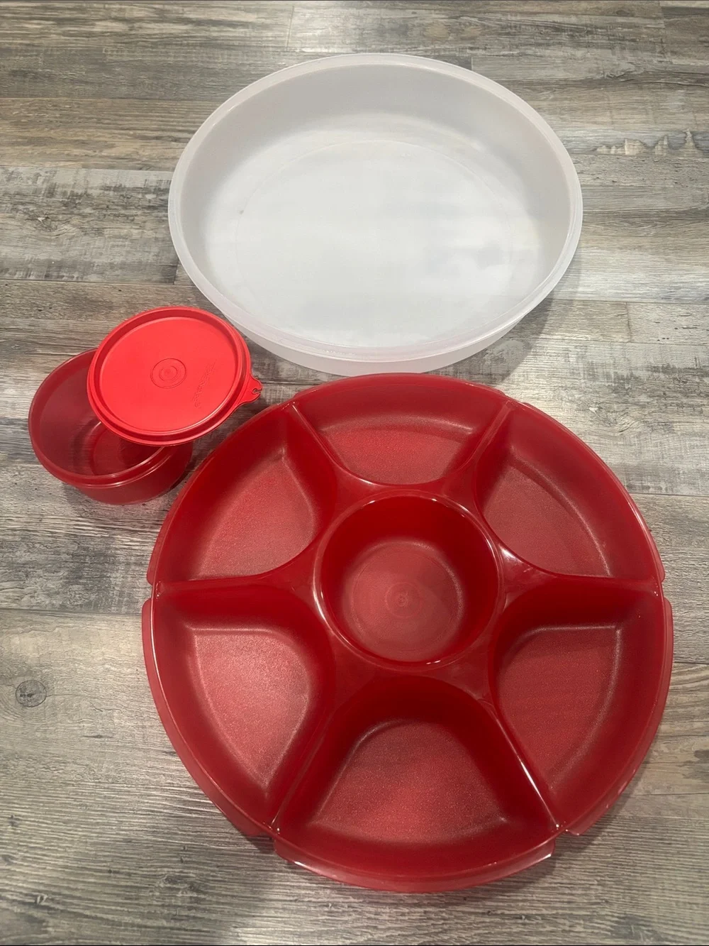 Tupperware Red Divided Serving Tray with Center Dip Container and Lid
